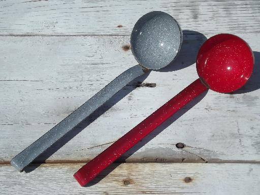 photo of primitive graniteware spatter enamel ware kitchen utensils, spoon and ladles #6