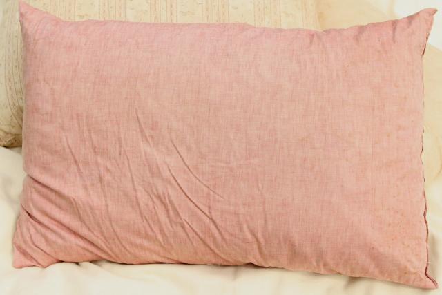 photo of primitive grubby vintage barn red & unbleached cotton pillows, feather filled bed pillows #2