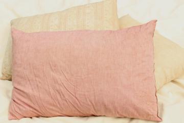 catalog photo of primitive grubby vintage barn red & unbleached cotton pillows, feather filled bed pillows