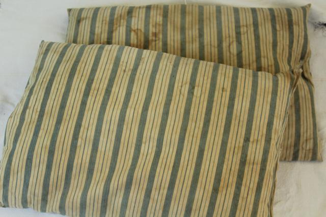 photo of primitive grubby vintage cotton ticking feather pillows, old indigo blue striped cotton #1