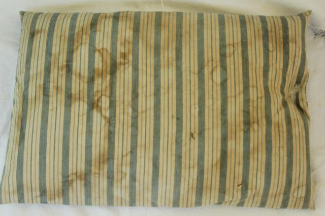 photo of primitive grubby vintage cotton ticking feather pillows, old indigo blue striped cotton #2