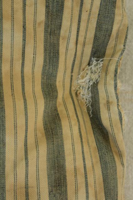 photo of primitive grubby vintage cotton ticking feather pillows, old indigo blue striped cotton #3