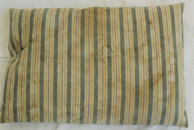 photo of primitive grubby vintage cotton ticking feather pillows, old indigo blue striped cotton #5