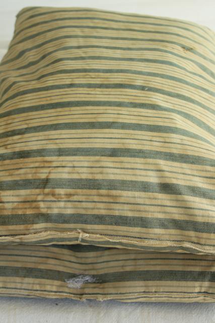 photo of primitive grubby vintage cotton ticking feather pillows, old indigo blue striped cotton #8