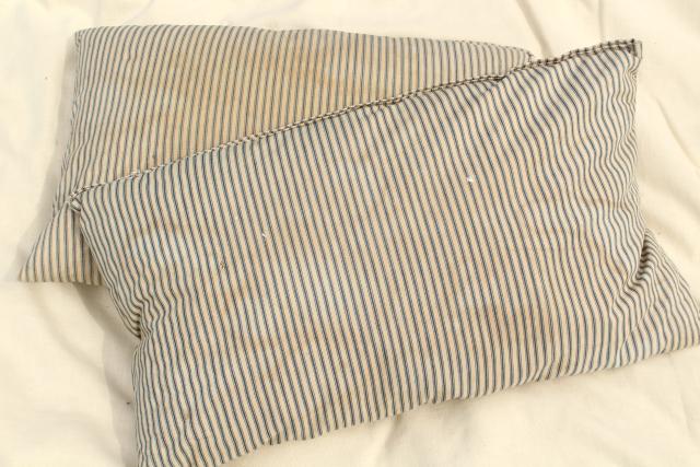 photo of primitive grubby vintage cotton ticking pillows, feather filled bed pillows #1