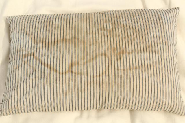 photo of primitive grubby vintage cotton ticking pillows, feather filled bed pillows #3