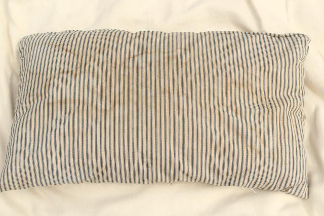 photo of primitive grubby vintage cotton ticking pillows, feather filled bed pillows #5