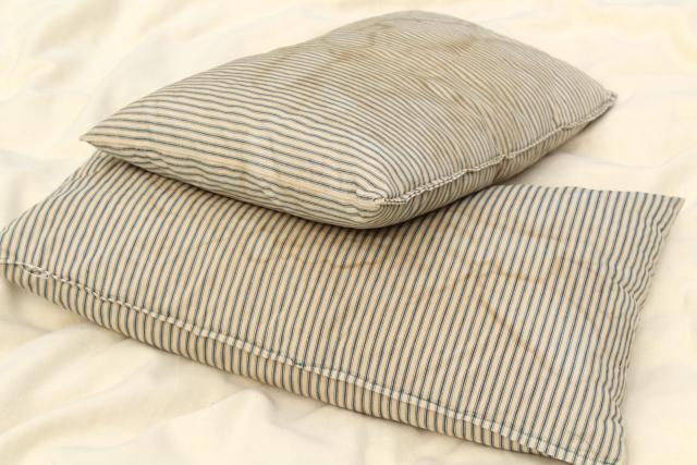 photo of primitive grubby vintage cotton ticking pillows, feather filled bed pillows #6