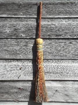 catalog photo of primitive handmade corn whisk hearth broom w/ rustic twig broomstick