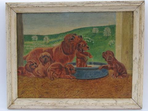 photo of primitive hand-painted oil on board, cocker spaniels Mother and Puppies #1