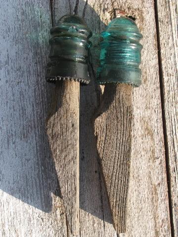 photo of primitive harness or coat hooks, old barn board wood pegs w/ antique glass insulators #2