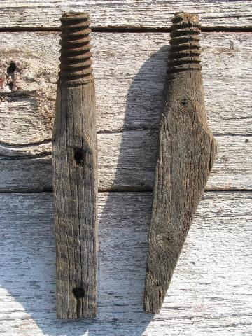 photo of primitive harness or coat hooks, old barn board wood pegs w/ antique glass insulators #5