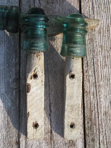 photo of primitive harness or coat hooks, old barn board wood pegs w/ antique glass insulators #3