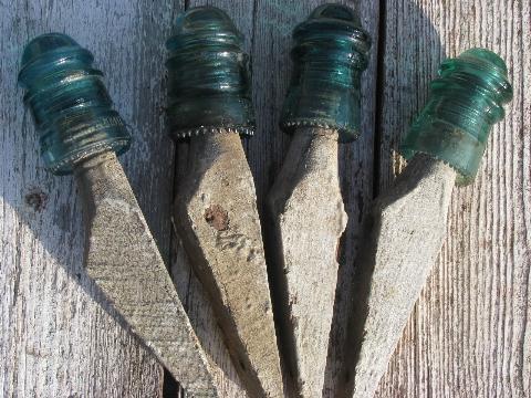 photo of primitive harness or coat hooks, old barn board wood pegs w/ antique glass insulators #4