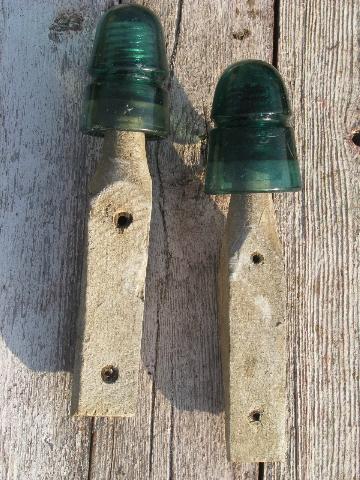 photo of primitive harness or coat hooks, old barn board wood pegs w/ antique glass insulators #1