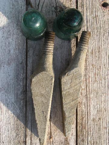 photo of primitive harness or coat hooks, old barn board wood pegs w/ antique glass insulators #2