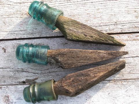 photo of primitive harness or coat hooks, old barn board wood pegs w/ antique glass insulators #2