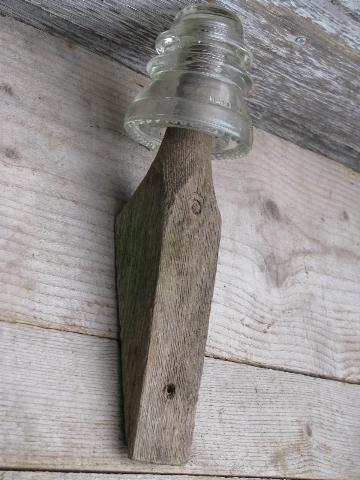 photo of primitive harrness or coat hooks, old barn board wood pegs w/ antique glass insulators #2