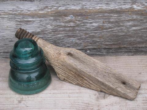 photo of primitive harrness or coat hooks, old barn board wood pegs w/ antique glass insulators #6