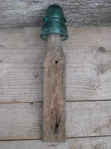 photo of primitive harrness or coat hooks, old barn board wood pegs w/ antique glass insulators #3