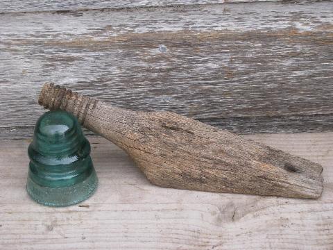 photo of primitive harrness or coat hooks, old barn board wood pegs w/ antique glass insulators #6