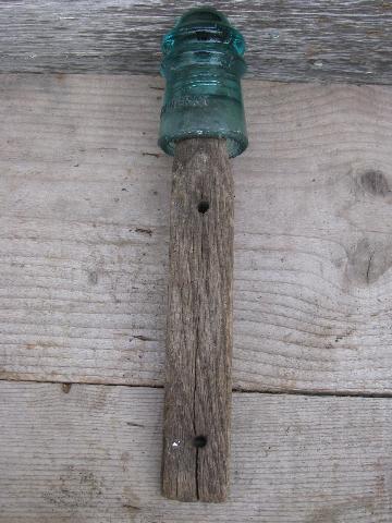 photo of primitive harrness or coat hooks, old barn board wood pegs w/ antique glass insulators #3