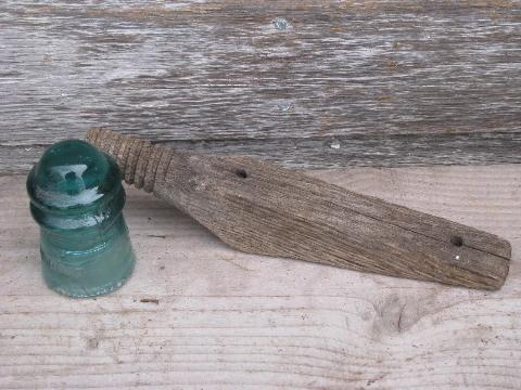 photo of primitive harrness or coat hooks, old barn board wood pegs w/ antique glass insulators #7