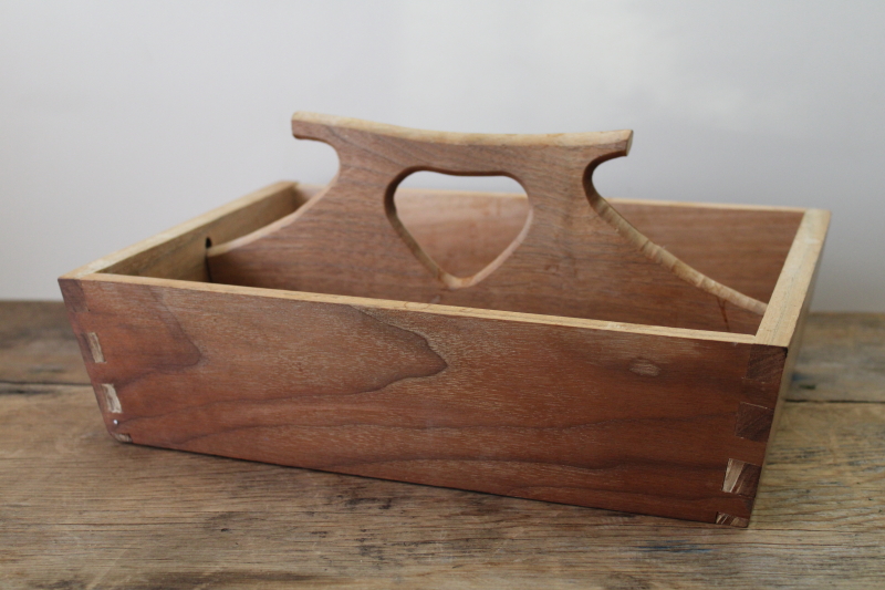 photo of primitive heart handled wood utensil box, vintage dovetailed tote natural scrubbed wood  #1