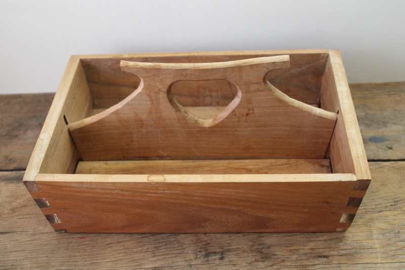 photo of primitive heart handled wood utensil box, vintage dovetailed tote natural scrubbed wood  #6