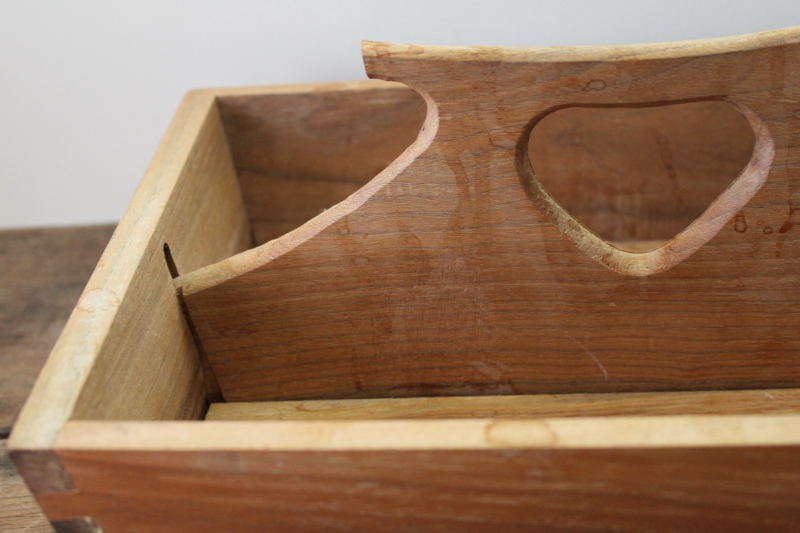 photo of primitive heart handled wood utensil box, vintage dovetailed tote natural scrubbed wood  #7