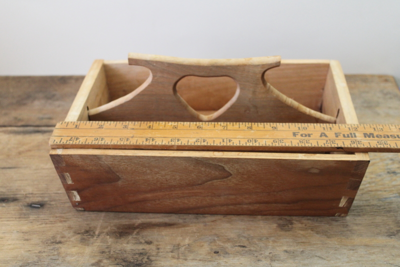 photo of primitive heart handled wood utensil box, vintage dovetailed tote natural scrubbed wood  #10