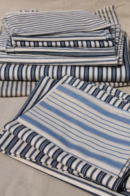 photo of primitive heavy cotton ticking scraps, salvaged fabric wide indigo blue striped cloth #1