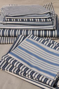 catalog photo of primitive heavy cotton ticking scraps, salvaged fabric wide indigo blue striped cloth