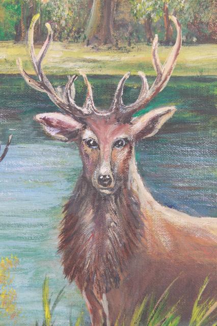 photo of primitive naive art stag deer woodland picture, hand painted original w/ rustic wood frame #3