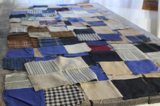 photo of primitive old antique cotton & wool fabric pieced patchwork quilt blocks #1