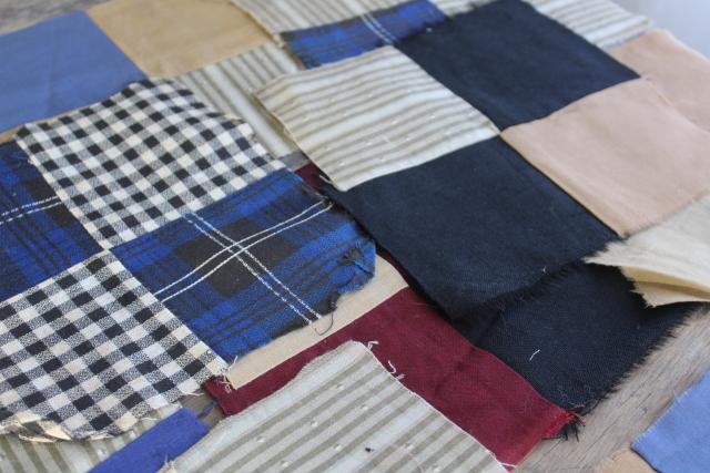 photo of primitive old antique cotton & wool fabric pieced patchwork quilt blocks #7