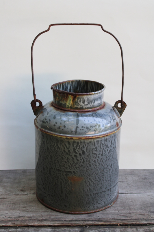 photo of primitive old antique grey graniteware enamel lunch bucket or cream can w/ wire bail handle  #1