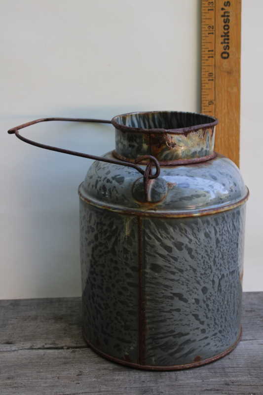 photo of primitive old antique grey graniteware enamel lunch bucket or cream can w/ wire bail handle  #2