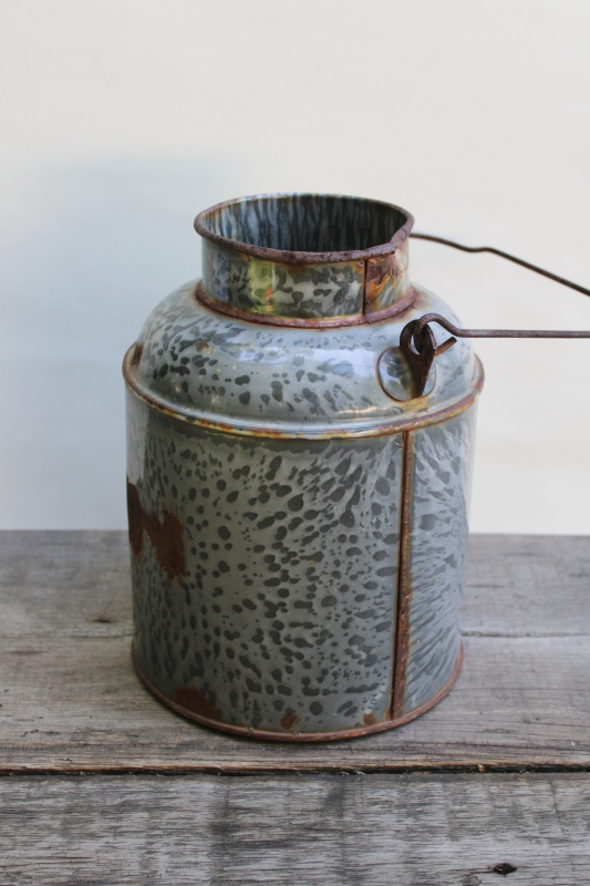 photo of primitive old antique grey graniteware enamel lunch bucket or cream can w/ wire bail handle  #5