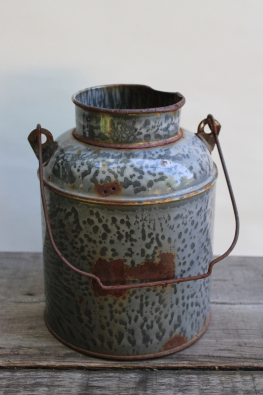 photo of primitive old antique grey graniteware enamel lunch bucket or cream can w/ wire bail handle  #6