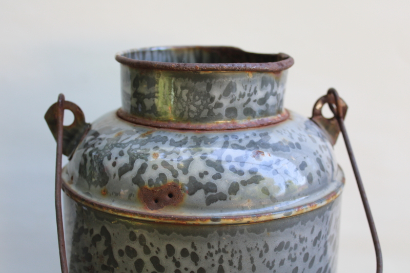 photo of primitive old antique grey graniteware enamel lunch bucket or cream can w/ wire bail handle  #7