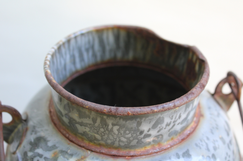 photo of primitive old antique grey graniteware enamel lunch bucket or cream can w/ wire bail handle  #8