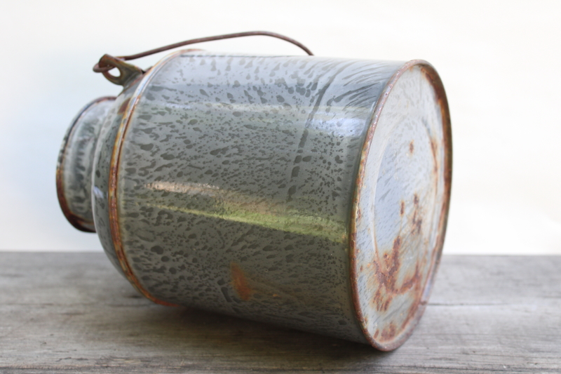 photo of primitive old antique grey graniteware enamel lunch bucket or cream can w/ wire bail handle  #9