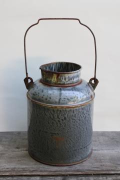primitive old antique grey graniteware enamel lunch bucket or cream can w/ wire bail handle 