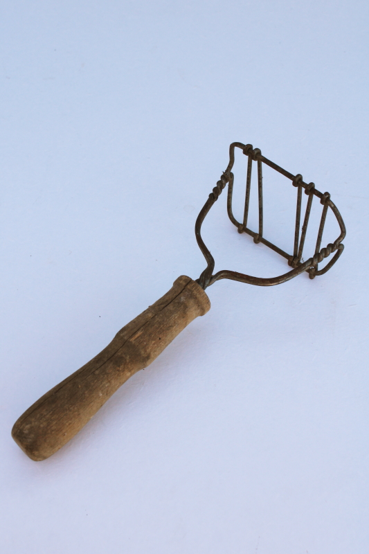 photo of primitive old antique potato masher, wood handle wire kitchen tool, vintage farmhouse #3