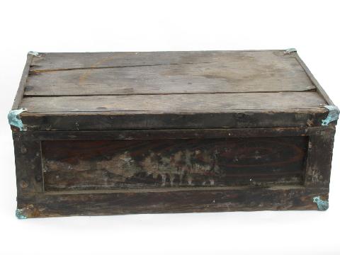 photo of primitive old antique wood tool box tool chest / trunk with brass corners #1