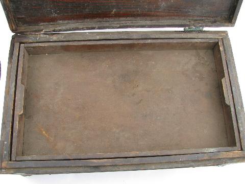 photo of primitive old antique wood tool box tool chest / trunk with brass corners #6