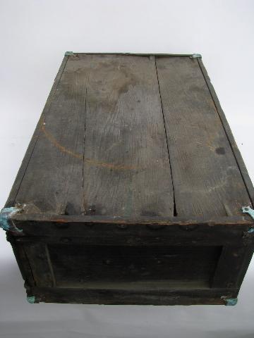 photo of primitive old antique wood tool box tool chest / trunk with brass corners #7