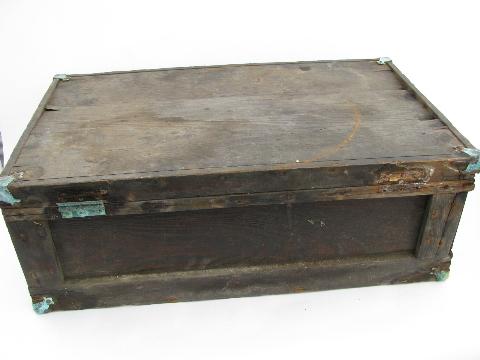 photo of primitive old antique wood tool box tool chest / trunk with brass corners #8