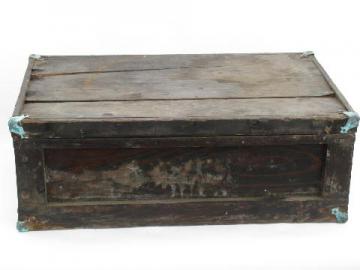 catalog photo of primitive old antique wood tool box tool chest / trunk with brass corners